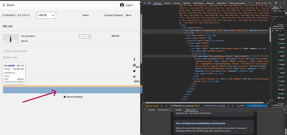 Wix E-commerce checkout page on left, showing a $45 product in cart. Developer tools open on right, highlighting code in a dark theme.