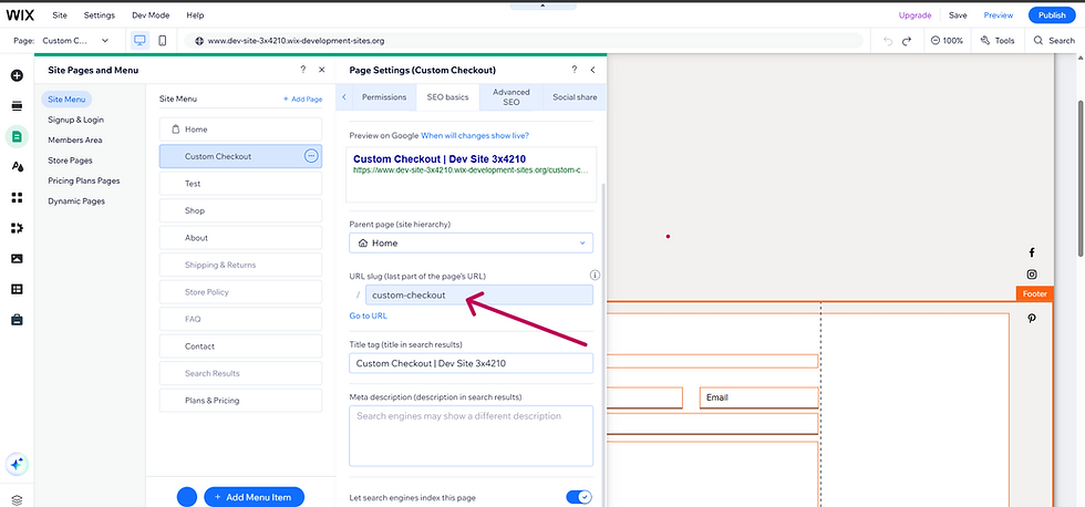 Wix settings screen showing site pages and menu options. "Custom Checkout" is highlighted, with URL slug "custom-checkout" and red arrow pointing.