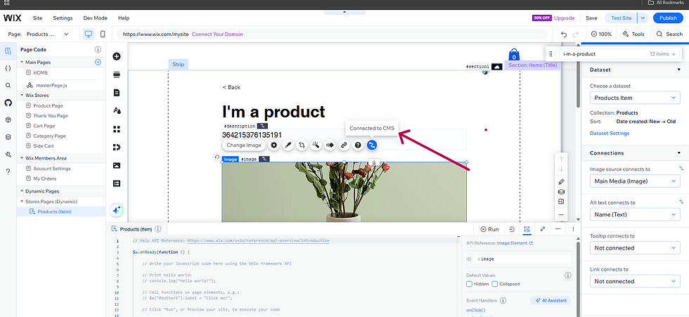 Wix editor showing a page titled "I'm a product" with flowers image. CMS connection settings visible, and coding panel open below.