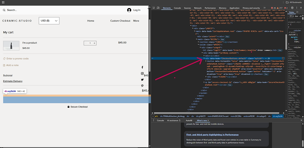 Wix Shopping cart page displaying a ceramic product for $45. Developer tools showing HTML code on the right with highlighted elements.