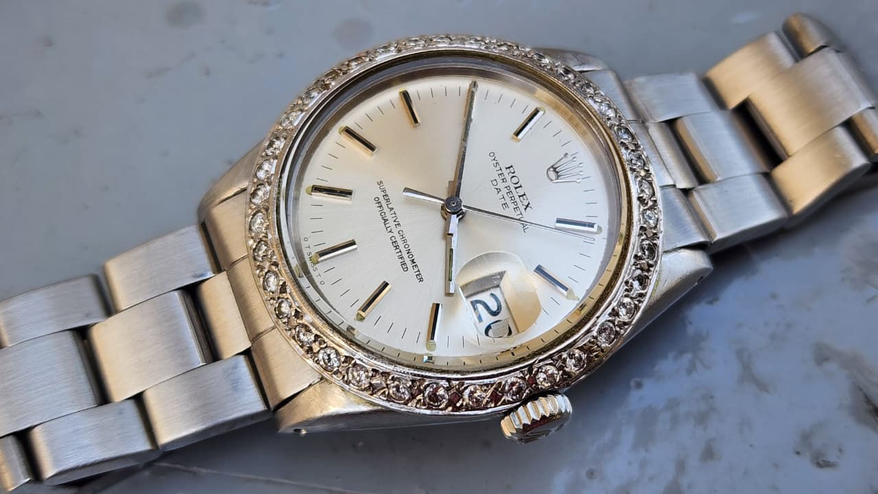 1971 Rolex Oyster Perpetual Date Watch 1500 Automatic 34mm Custom Diamond Bezel