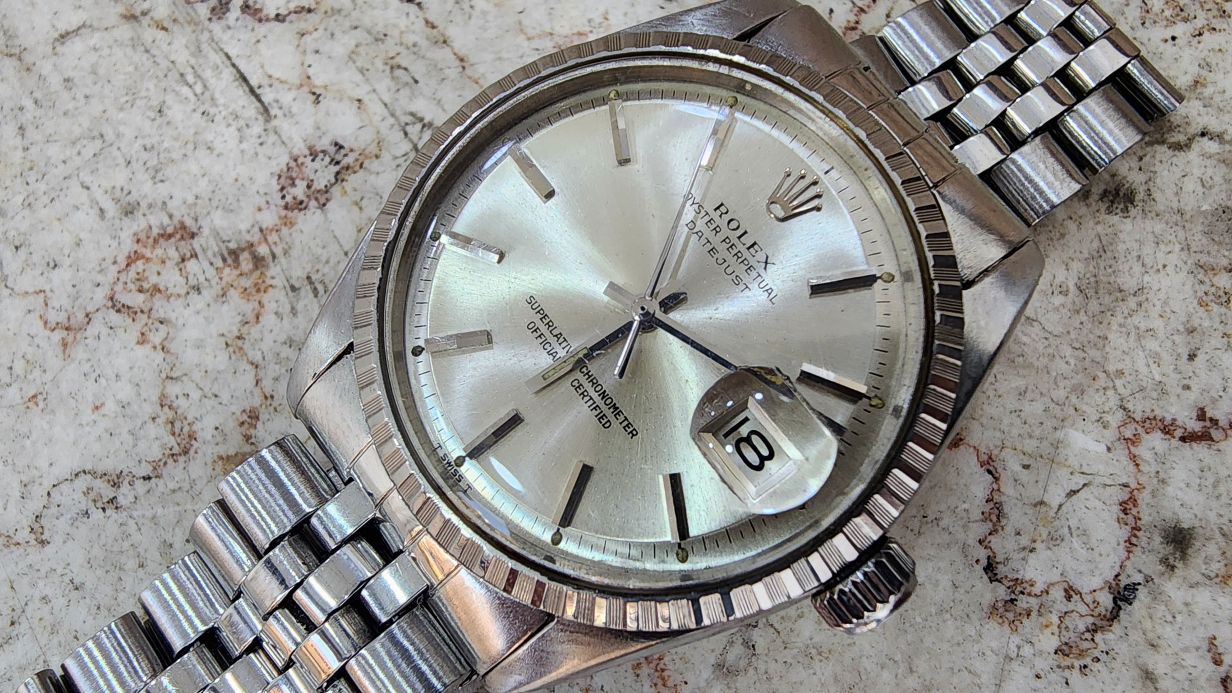1966 Rolex Datejust 36 Watch 1603 Steel Automatic Silver Dial Engine Turn Bezel
