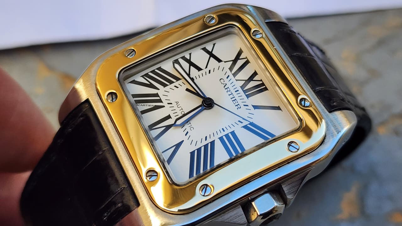 Cartier Santos XL 100 Watch 2656 Steel Gold White Dial 38mm Automatic