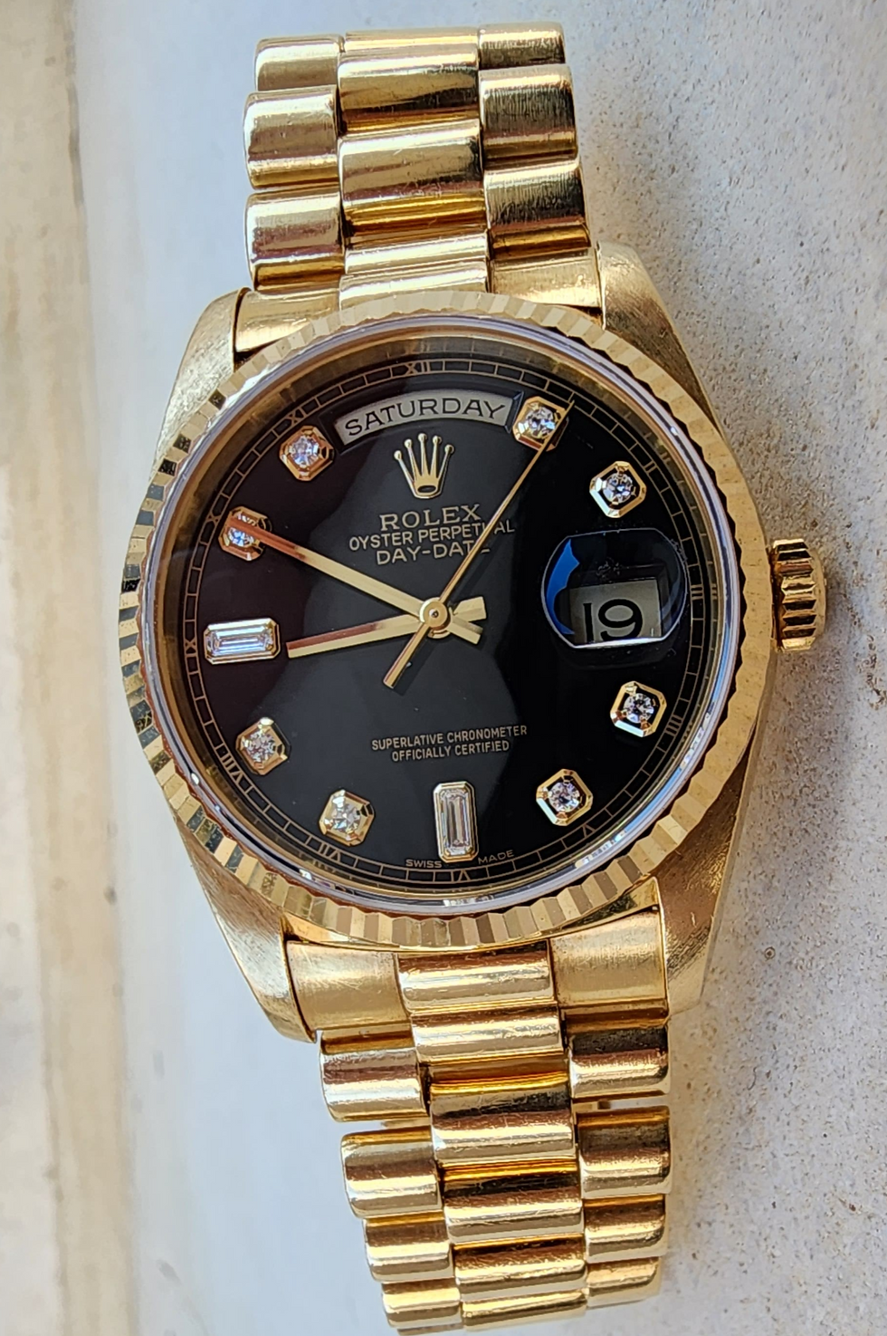 Rolex Day-Date 36 Watch 18238 Gold Factory Diamond Black Dial Automatic Vintage