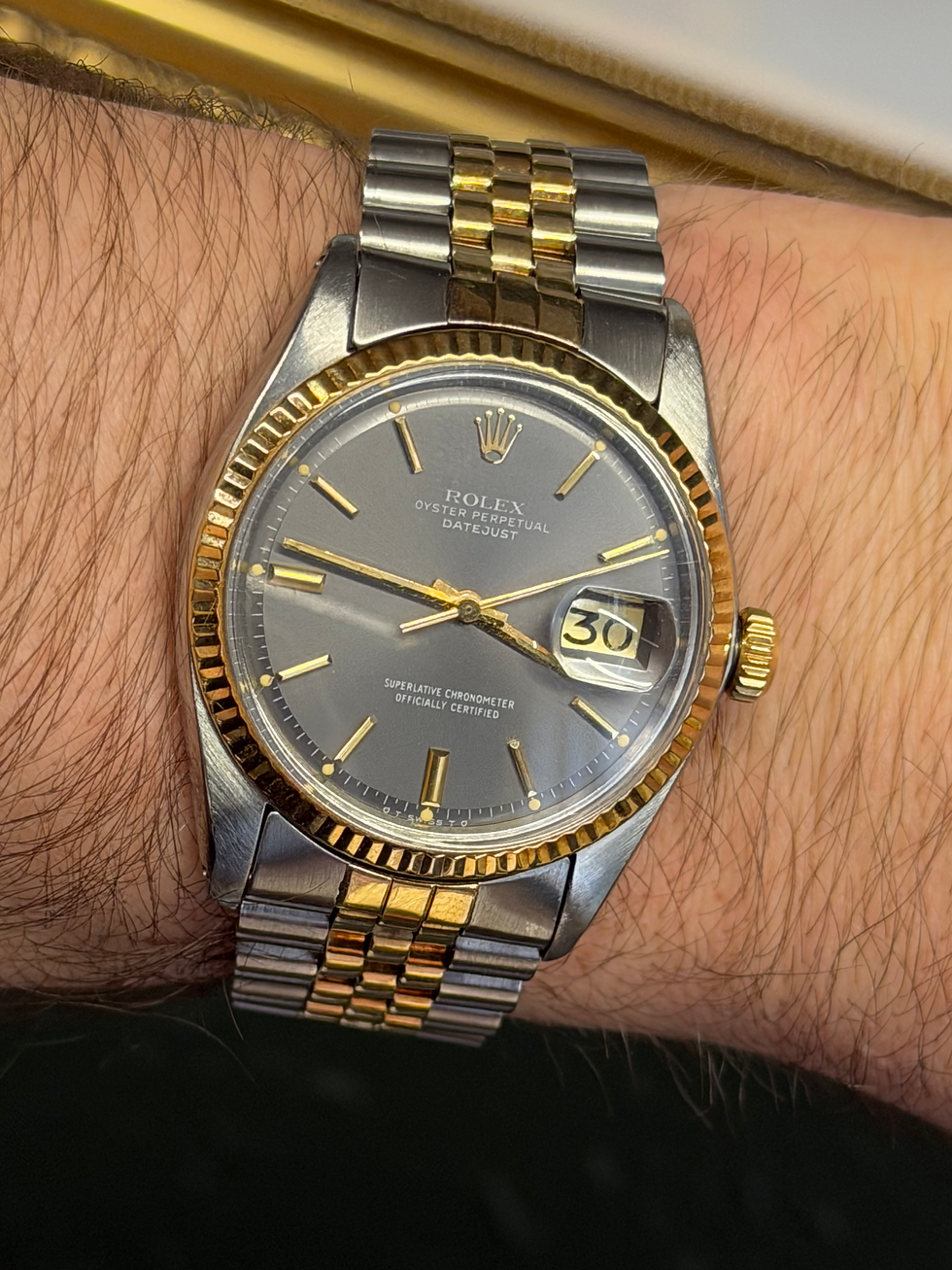 1974 Rolex Datejust 36 Sigma Watch 1601 Steel Gold Automatic Grey Dial Vintage