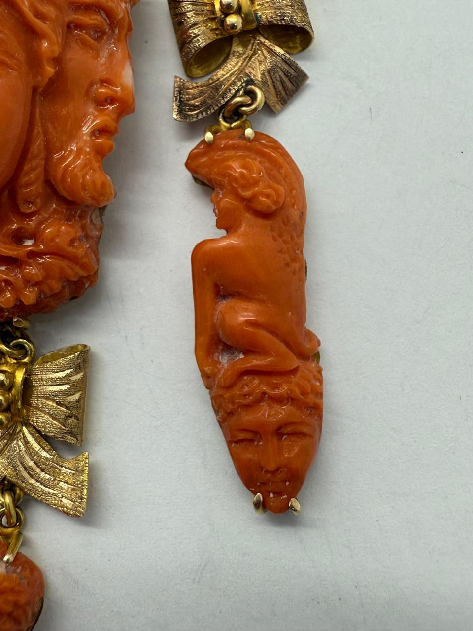 Thumbnail: Red Coral & Gold Pendant Necklace Antique Italian Hand Carved Dionysus Cherubs