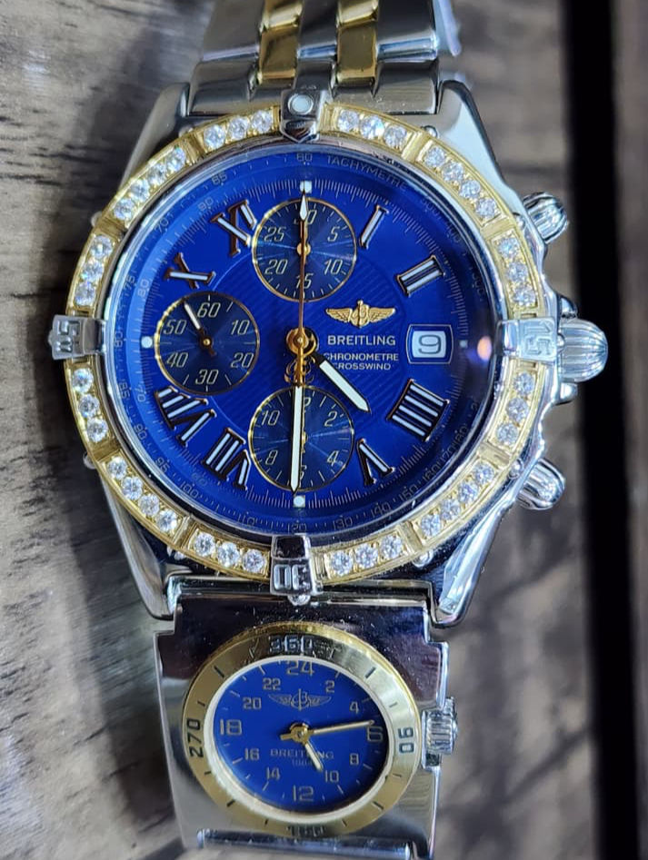 Breitling Crosswind Chronograph UTC Watch Custom Diamond Bezel D13355 Blue Dial