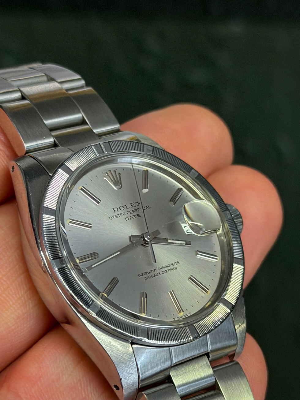 Thumbnail: 1975 Rolex Oyster Perpetual Date Watch 1501 Automatic Grey Dial Engine Turned