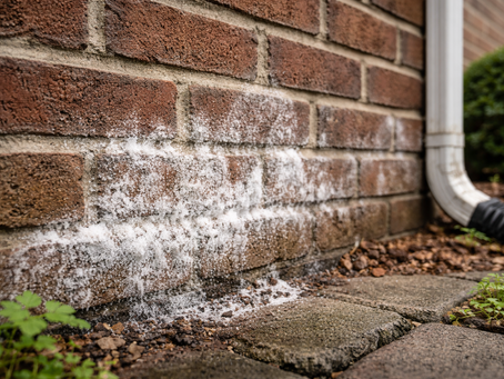 Efflorescence white powdery mineral deposits on brick masonry during a Virginia Beach home inspection