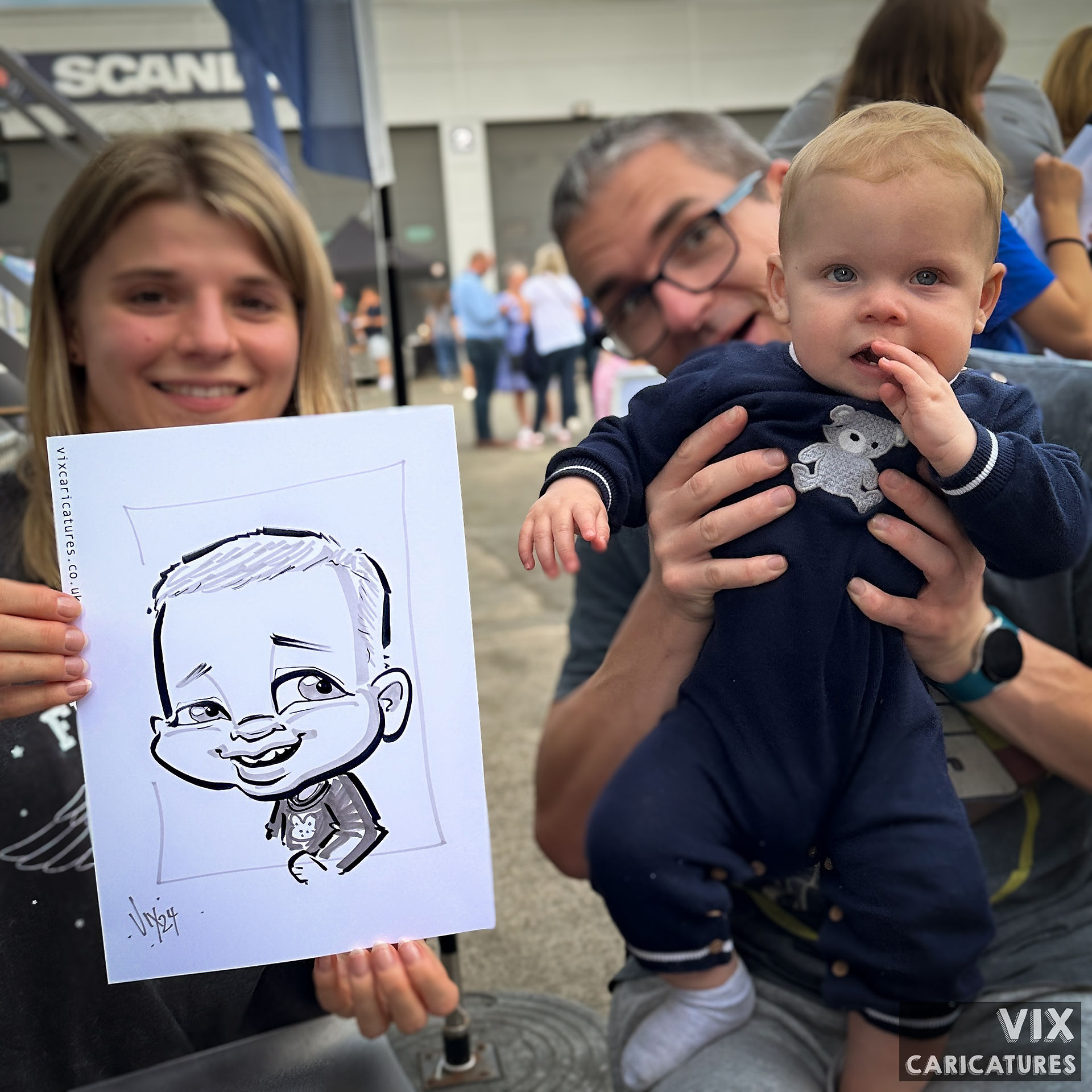 Professional Caricaturist entertains at an event in the Midlands drawing super fast sketches of the guests by Vix Caricatures