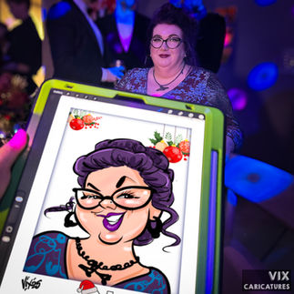 Lady with digital ipad colour caricature drawn on the spot by Vix Caricatures