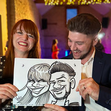 On the spot fun caricature drawing at a wedding in the UK, fast caricaturist, really funny, the perfect wedding entertainment. Vix Caricatures