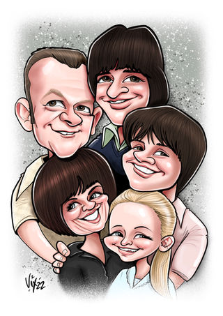 Family Caricature drawn from photos by Vix Caricatures. gift caricature. 