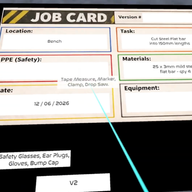 A first-person view of a digital Job Card inside the Tradiecraft VR simulation. The interface clearly outlines the location, required PPE, materials, and cutting tasks, teaching pre-trade students vital workplace compliance and risk assessment protocols before they enter a real workshop.