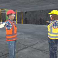 Two virtual student avatars wearing standard industrial personal protective equipment (PPE), including hard hats, safety glasses, and high-vis vests, standing inside the expansive Tradiecraft immersive VR workshop designed to simulate real-world industrial environments.