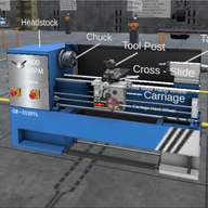 A highly detailed 3D model of a blue industrial metal lathe machine inside the Tradiecraft VR environment. Educational text labels identify critical mechanical components like the Headstock, Chuck, and Tool Post, aligning directly with Certificate II in Engineering Pathways curriculum.
