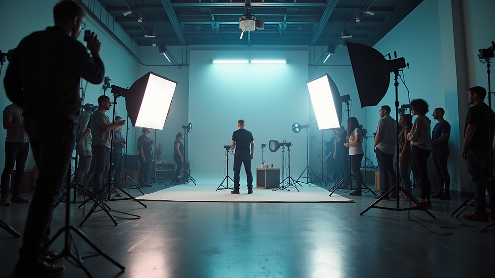 Wide angle view of a modern film studio with lighting rigs and cameras