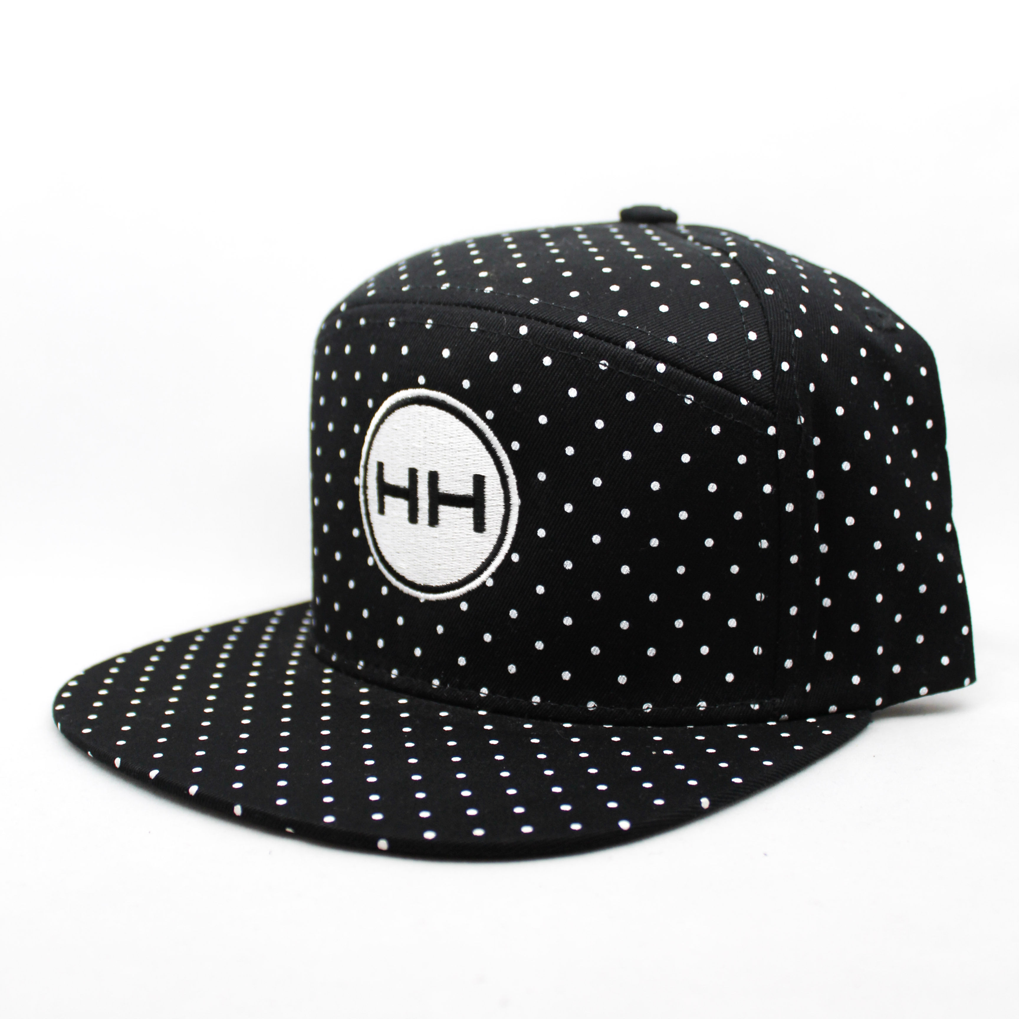 Hollywood Hamilton Clothing black hat with white polka dot snapback side view