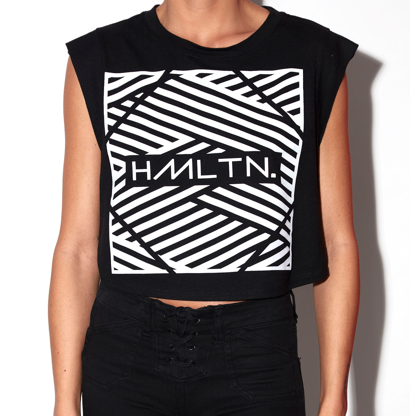 model wearing zig zag cropped tank front view