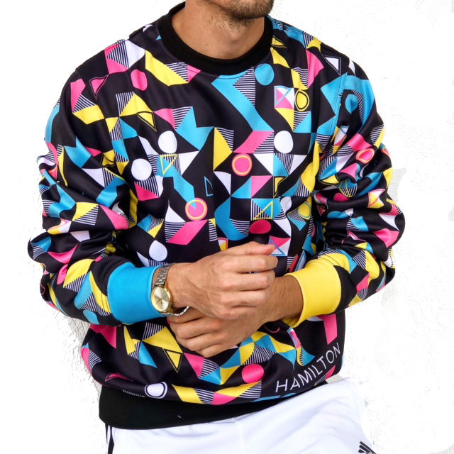 Hollywood Hamilton Abstract Crewneck sweatshirt, 80's MTV logo design, Streetwear fashion, bright color crewneck sweatshirt