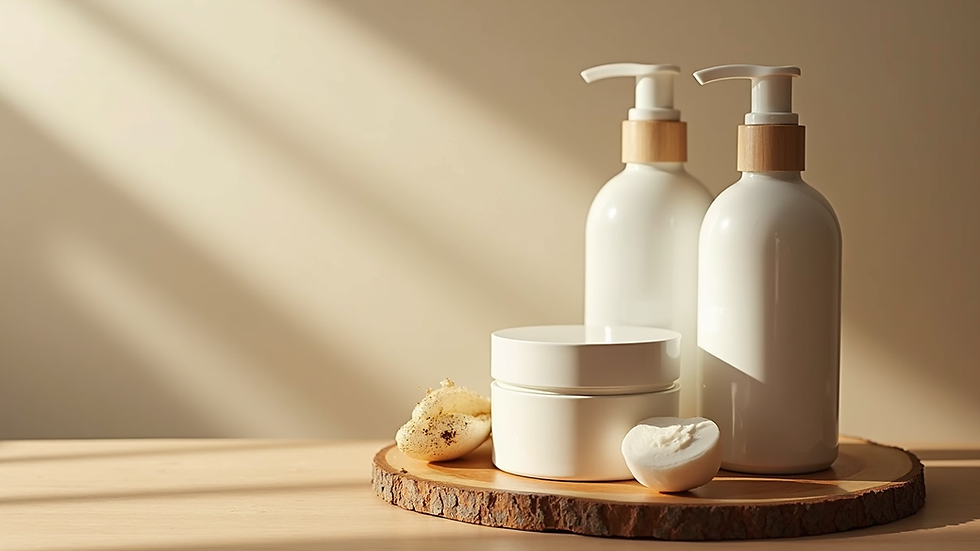 Close-up view of natural skincare products arranged on a wooden surface