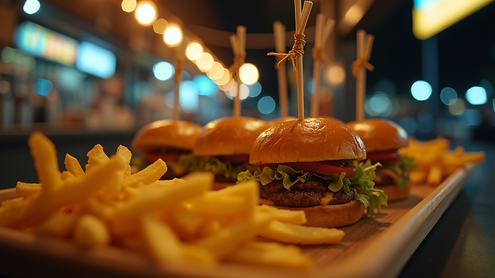 Eye-level view of a late-night snack buffet featuring sliders and fries