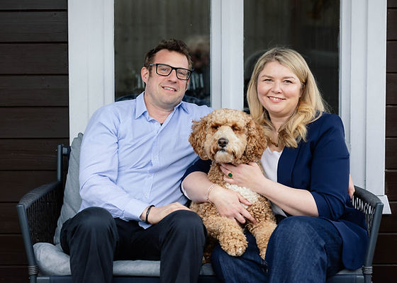 Clara & James owners for First Press Hospitality with their dog