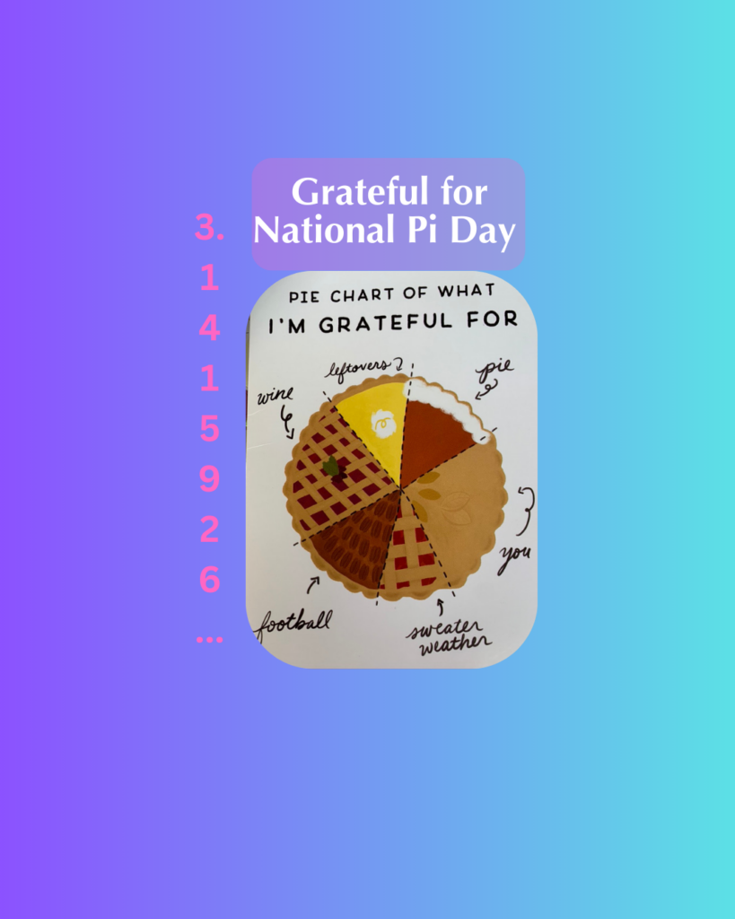 Image of a pie with slices and caption "Grateful for National Pi Day"