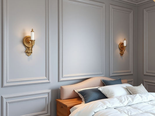 Yatak odası duvarında poliüretan çıta modelleri ve aplik aydınlatma