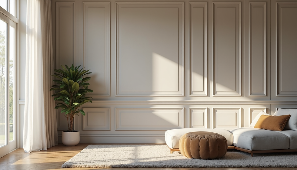 Yakın çekim salon duvarında şık poliüretan çıta detayları