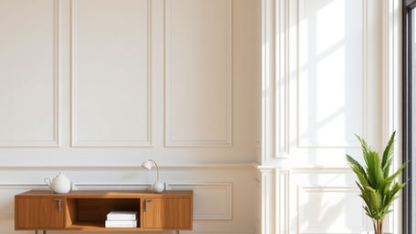 Minimalist beyaz poliüretan çıta uygulanmış oda, ahşap zemin, modern TV sehpası ve bitki.