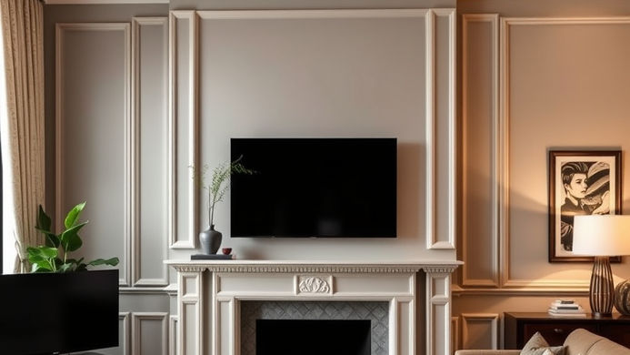 The living room features a fireplace, a TV, and wall moldings.