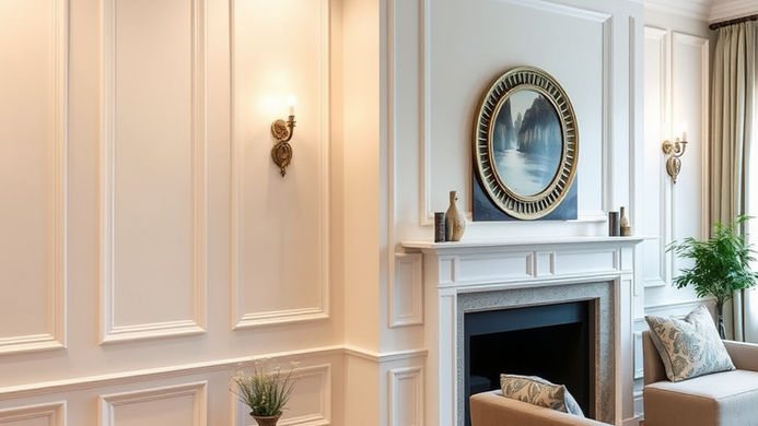 Beyaz poliüretan duvar çıtaları ile dekore edilmiş şık oturma odası