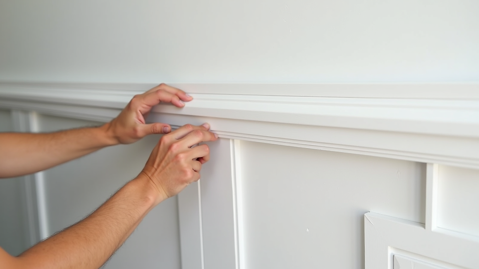 The person is installing decorative moldings onto a white wall panel using their hands.
