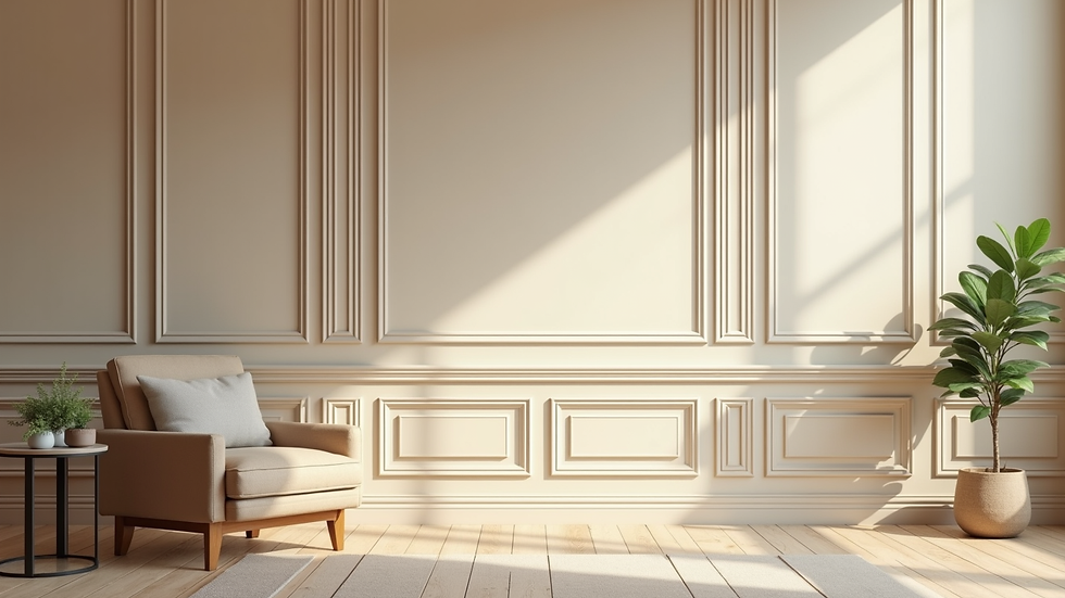 Eye-level view of a living room wall with vertical wooden moldings