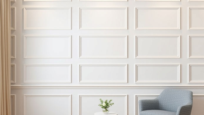 Beyaz poliüretan duvar çıtalı oda, mavi berjer, ahşap zemin.