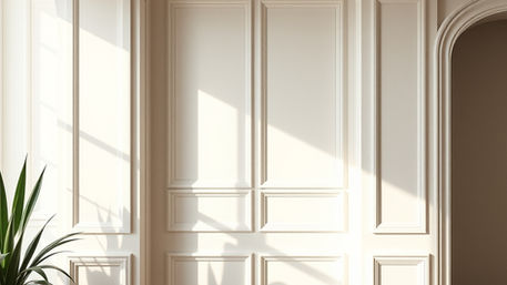 Güneş ışığı vuran beyaz poliüretan çıta uygulanmış duvarlar, sütunlar ve kemerli zarif iç mekan.