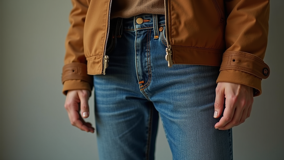 Close-up view of a vintage jacket paired with modern denim jeans