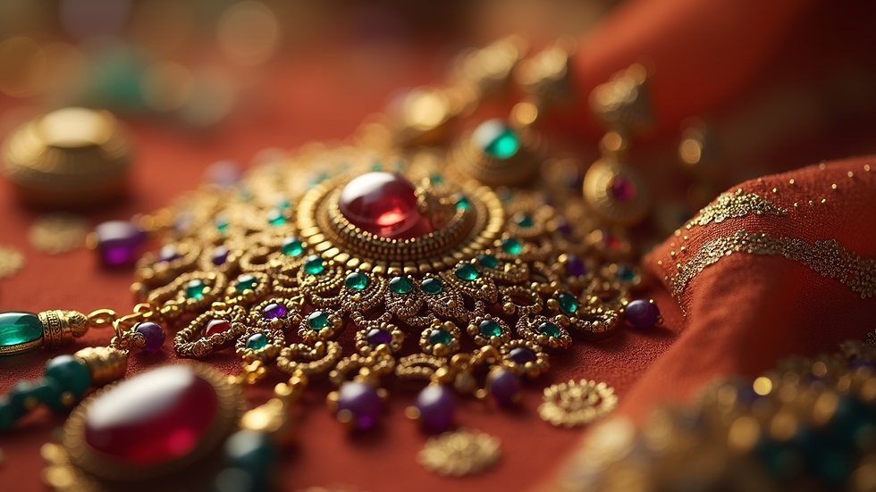 Close-up view of traditional Kundan jewelry showcasing intricate designs and uncut gemstones