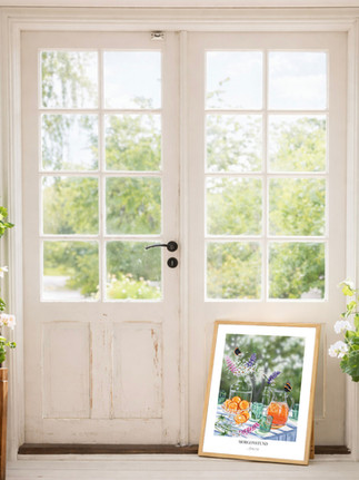 Apelsinposter med blomster och fjärilar i glada färger