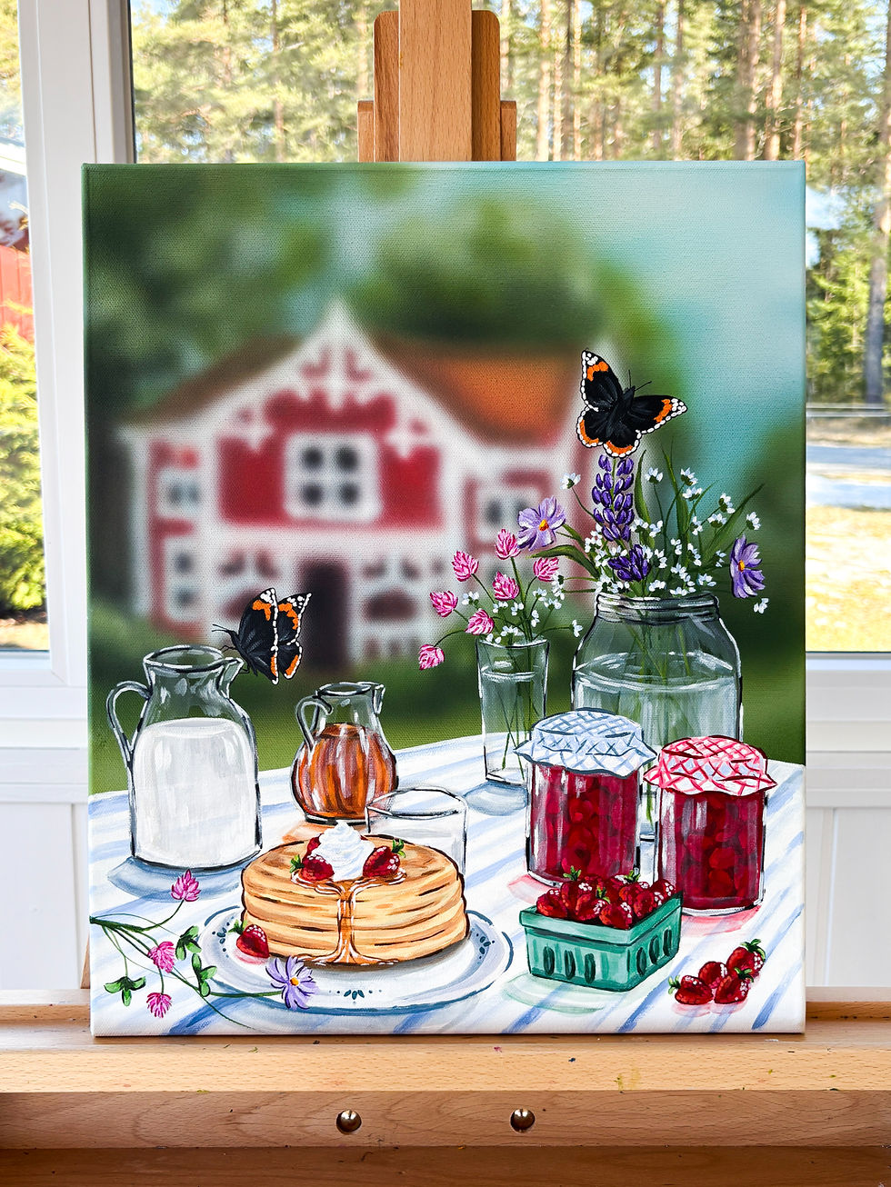 Rötthus med vita knutar tavla