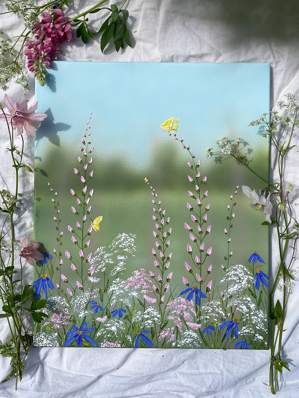 Blommig tavla med lupiner och blomstermorot