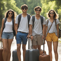 A group of friends hiking together through a lush forest, enjoying each other's company