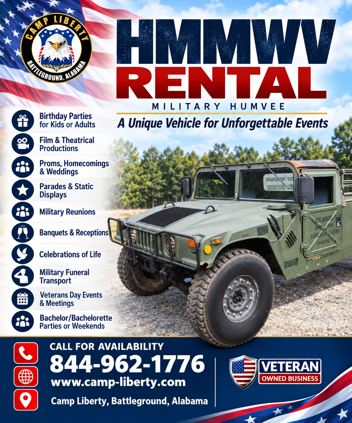 Camp Liberty military HMMWV rental flyer with event applications and contact information
