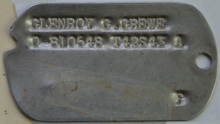 World War II identification tag belonging to First Lieutenant Glenroy G. Grewe