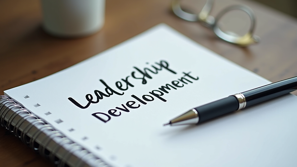 Close-up view of a leadership development workbook with notes and a pen