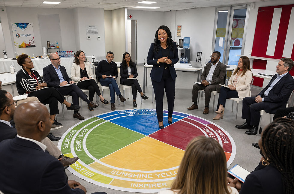 Eye-level view of a leadership workshop room with a facilitator and participants engaged in discussion