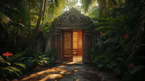 A realistic, cinematic view of the outside of a jungle sanctuary. We are standing in a lus