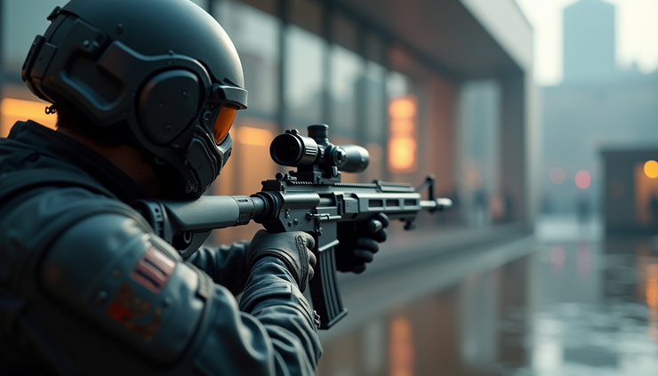 Close-up view of a soldier aiming a futuristic weapon in Call of Duty Modern Warfare