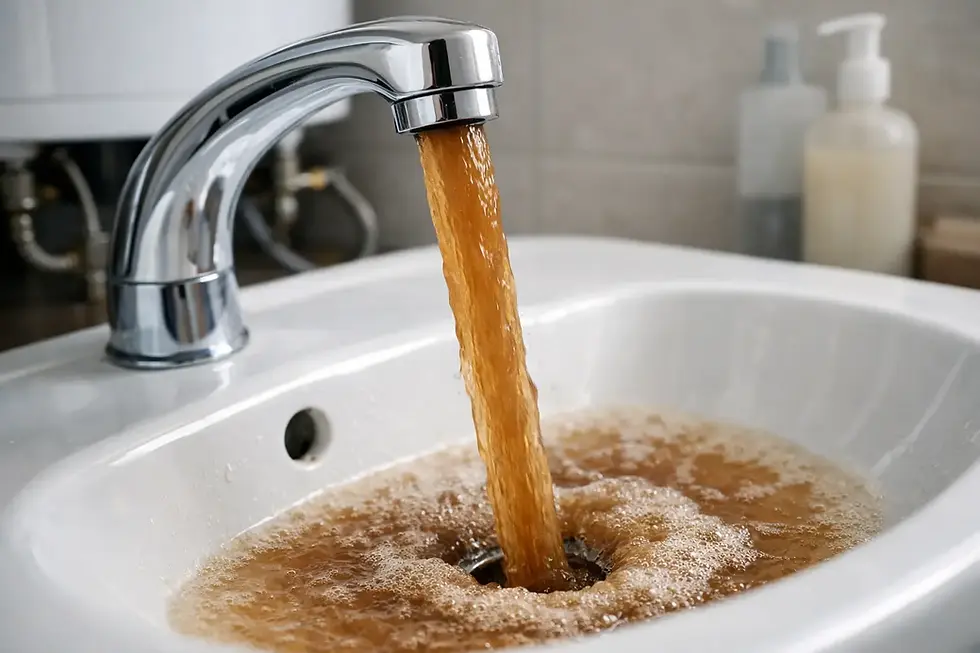 Brown discoloured water flowing from bathroom tap into basin indicating water quality issue